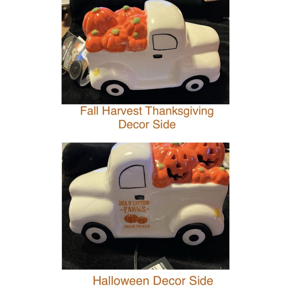 Ceramic White Farm Truck Thanksgiving Fall Harvest Or Halloween Decorations (b)